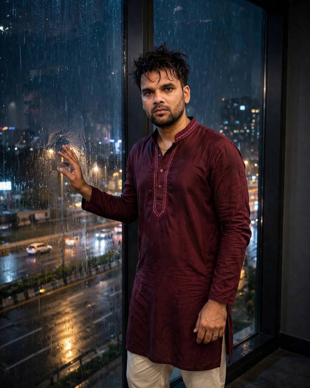 Young man in a maroon kurta standing at a rain-streaked window at night, city lights glowing through the glass