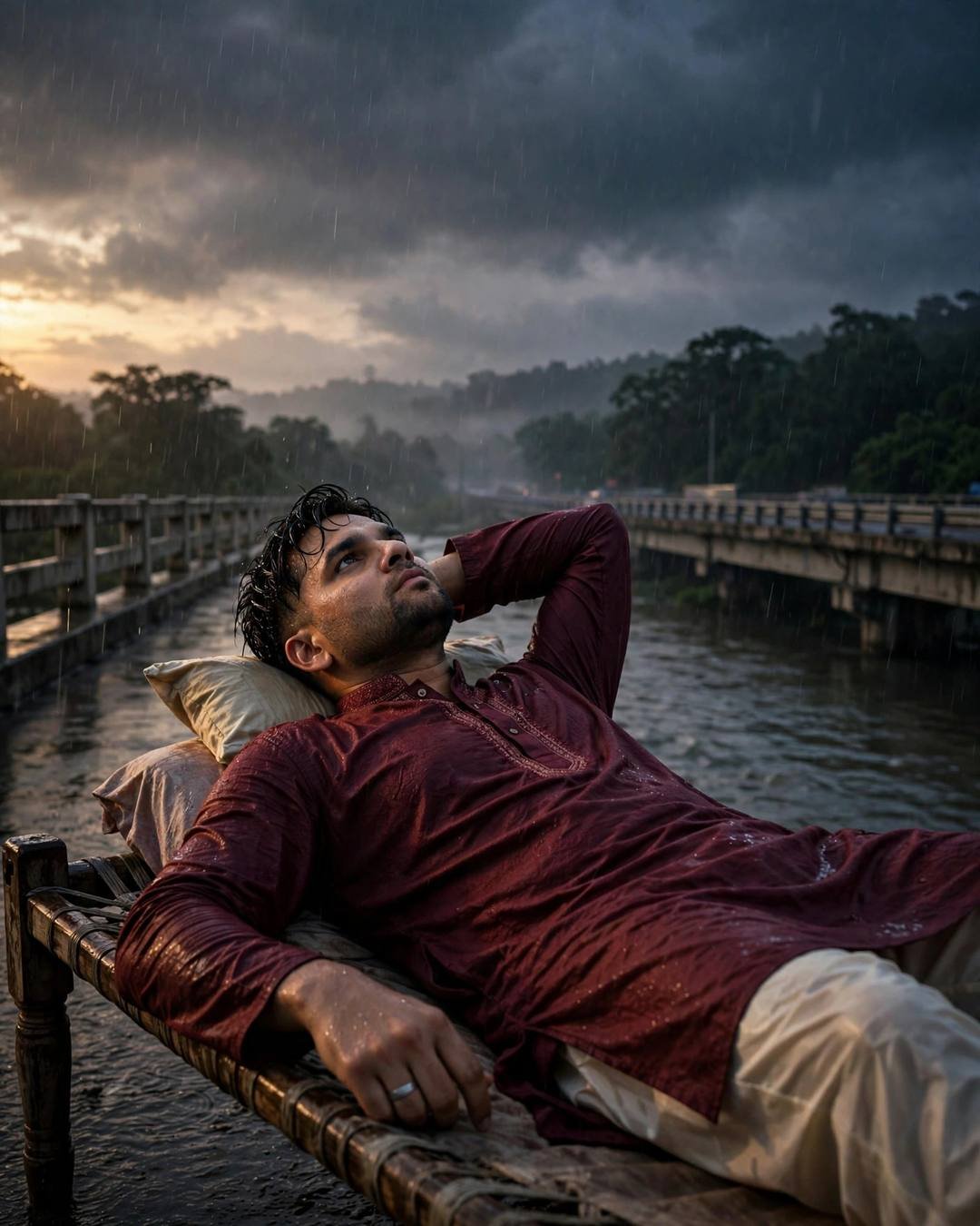 Young man in a maroon kurta lying on a charpai on a bridge over a river in the rain, storm clouds parting at dusk