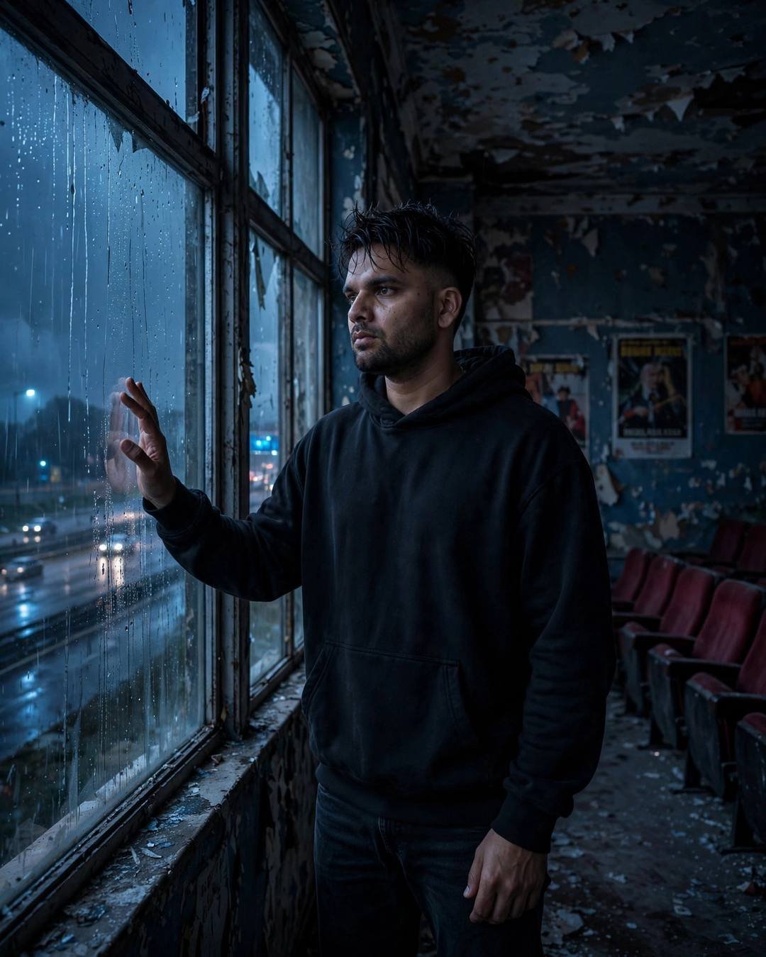 Young man in a black hoodie standing at a rain-streaked window of an abandoned cinema hall at night