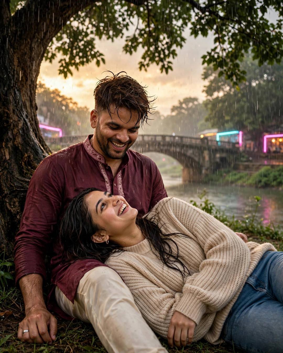 Young couple laughing together under a tree in monsoon rain by a river bridge, man in maroon kurta, woman in beige sweater