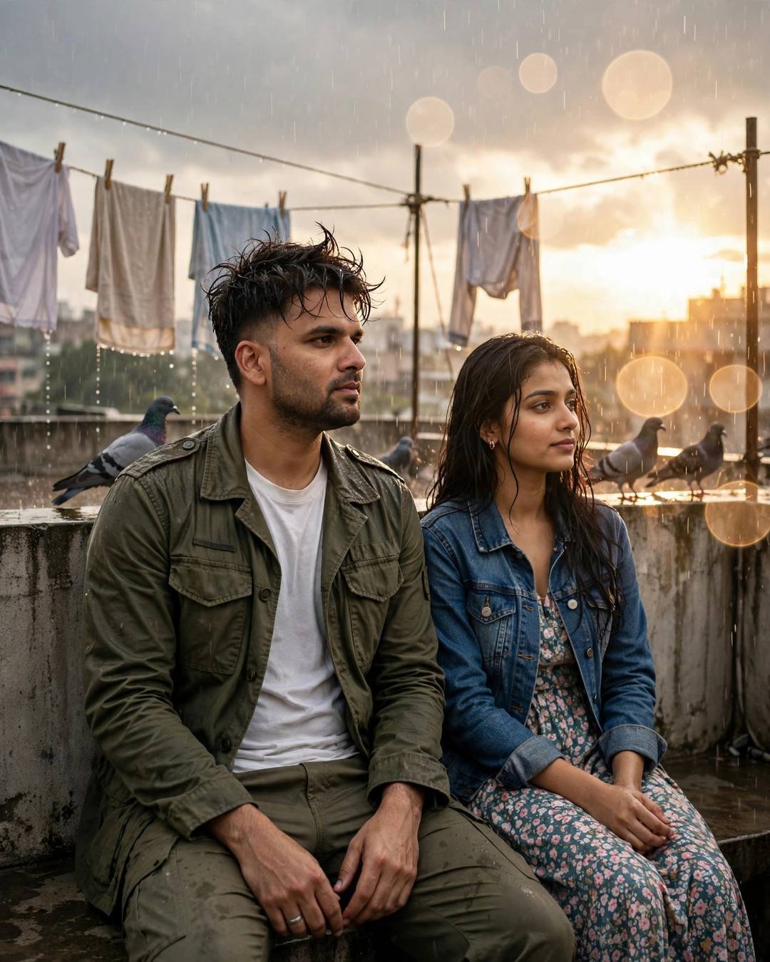 Young couple on a rain-soaked terrace with drying clothes and pigeons, man in olive field jacket, woman in denim jacket over floral dress