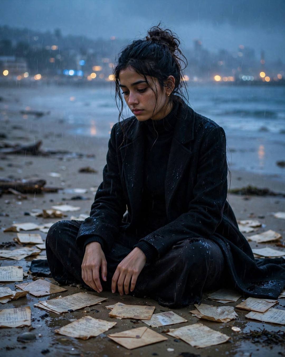 Young Indian woman in black turtleneck sitting among old letters on a rainy beach at dusk