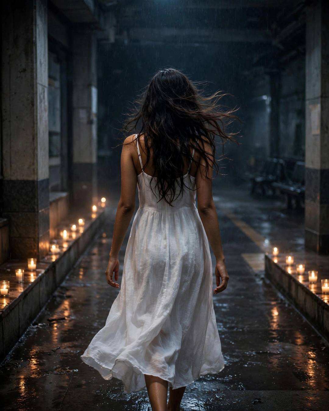 Young Indian woman in flowing white dress walking away down a candle-lit wet path at night