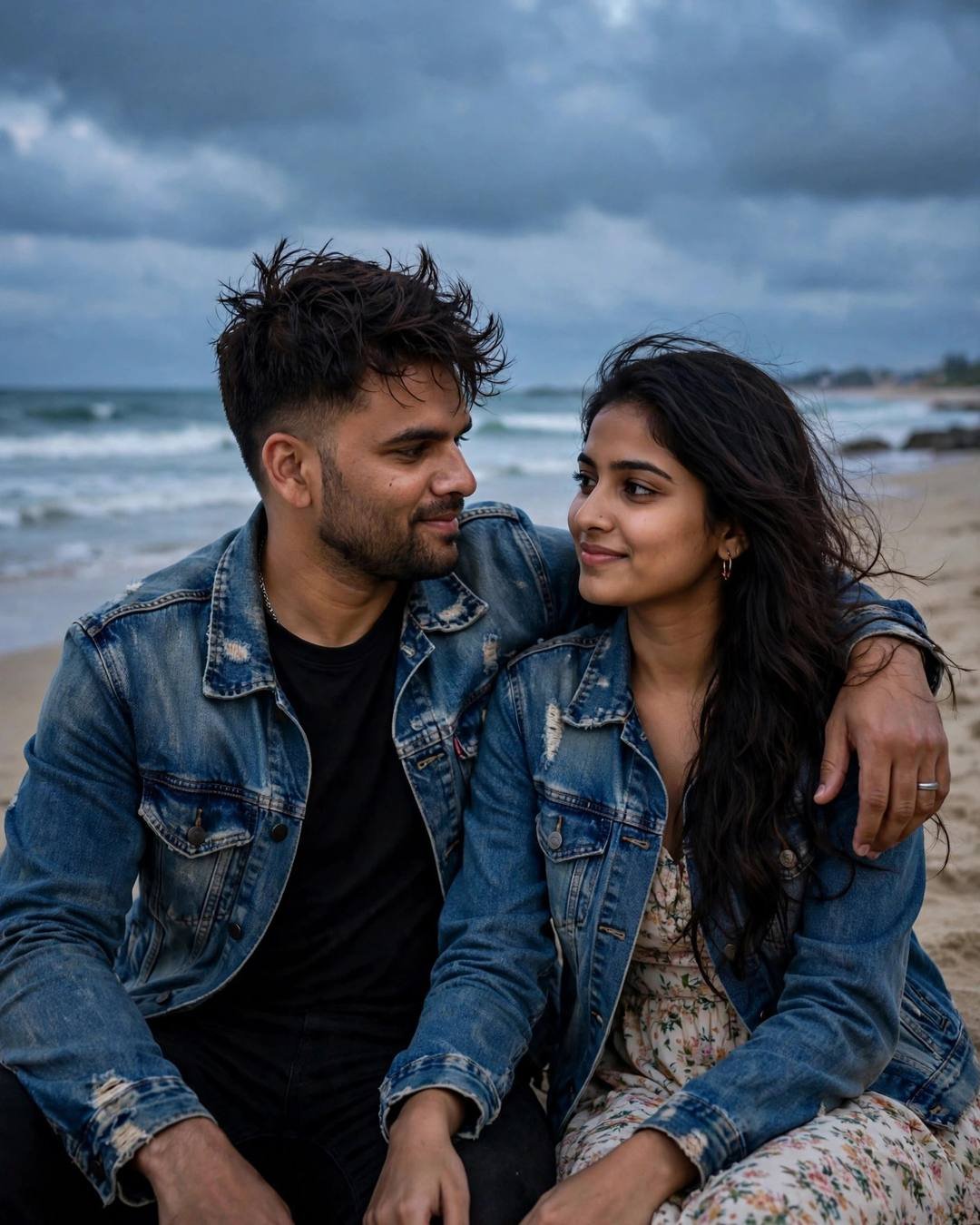 Couple on deserted dusk beach, his arm around her shoulders, sharing an intense gaze in denim jackets