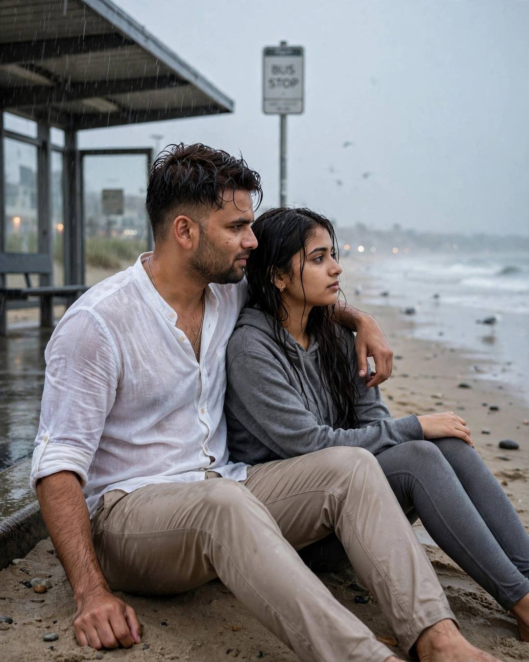 Couple sitting on rainy beach sand by a bus stop, his arm around her in white linen shirt and grey hoodie