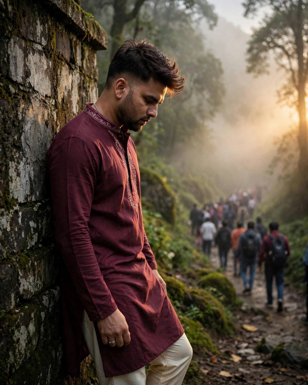 Young Indian man in maroon kurta leaning against a moss-covered stone wall on a misty forest path, head bowed, crowd blurred in golden fog behind him