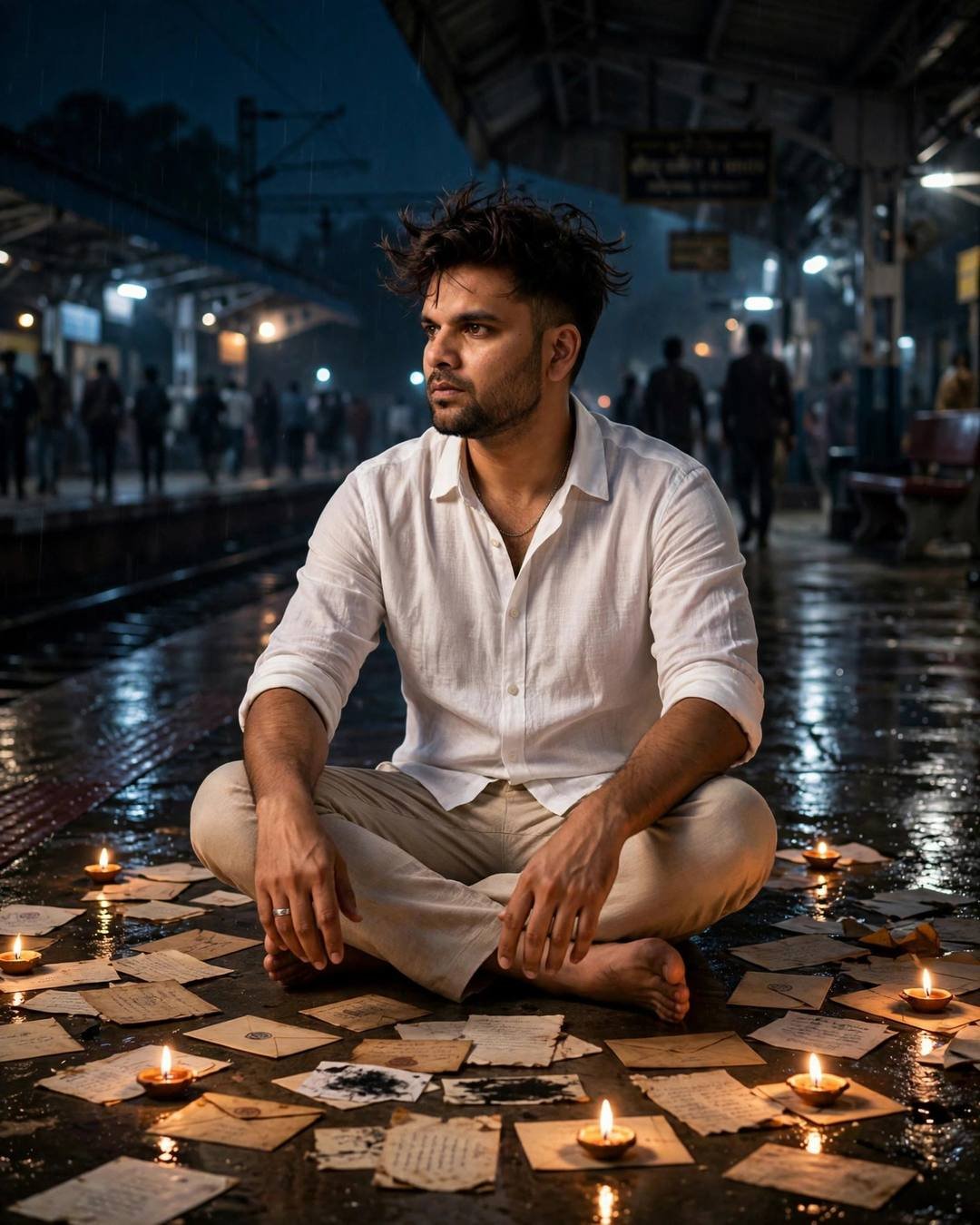 Young man in white linen shirt sitting cross-legged on a rainy railway platform at night, surrounded by old letters and burning diyas, crowd blurred behind