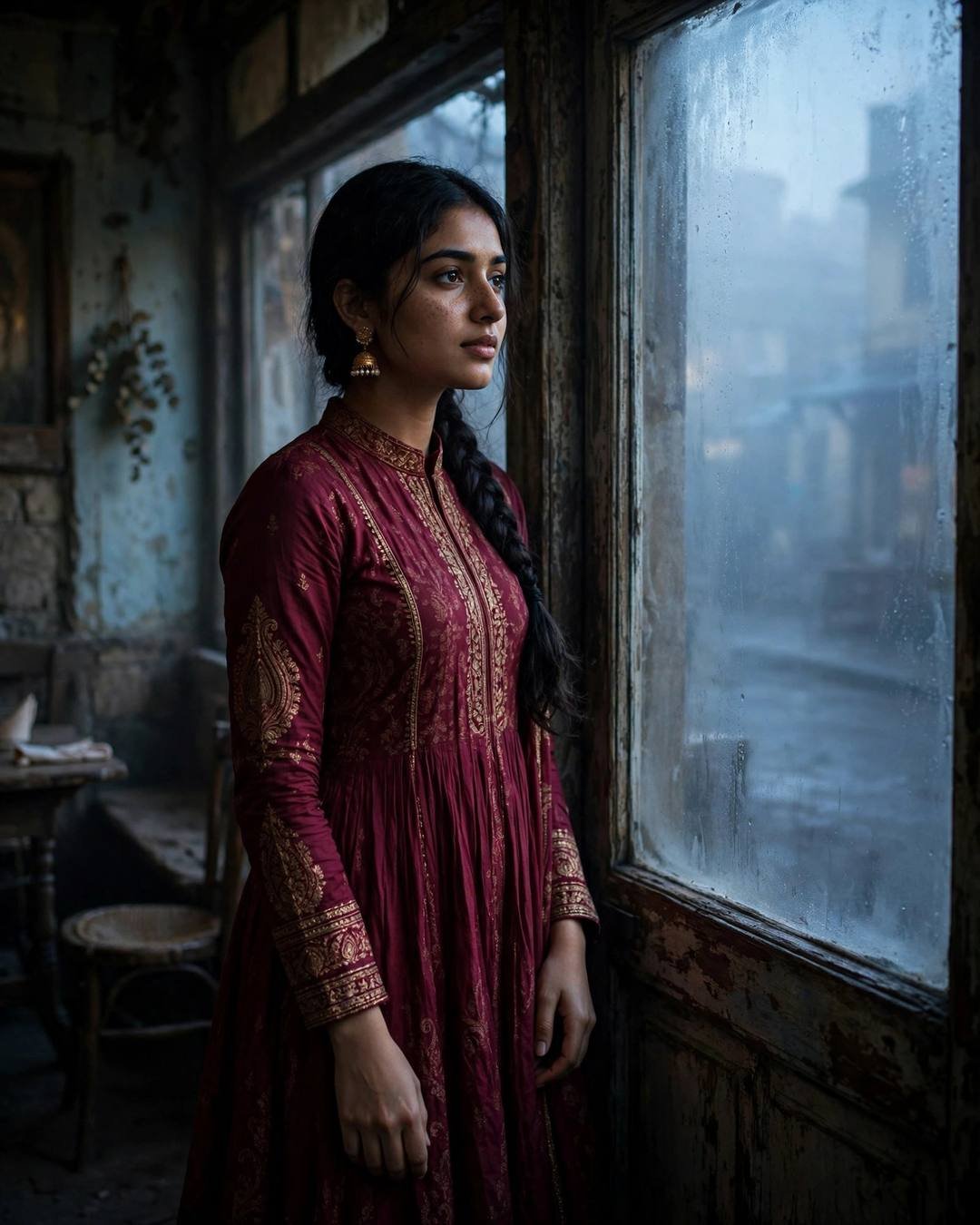 Young Indian woman in maroon anarkali with jhumkas standing in a cafe doorway half in shadow, looking through a fogged window at blue dawn