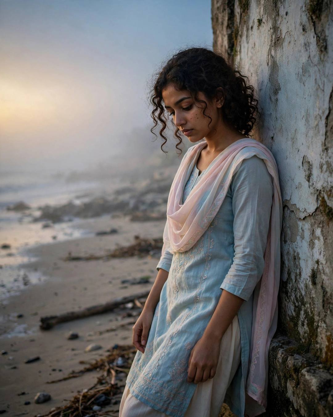 Young Indian woman with curly hair in pastel salwar-kameez leaning against a weathered wall on a foggy deserted beach at dusk, head bowed