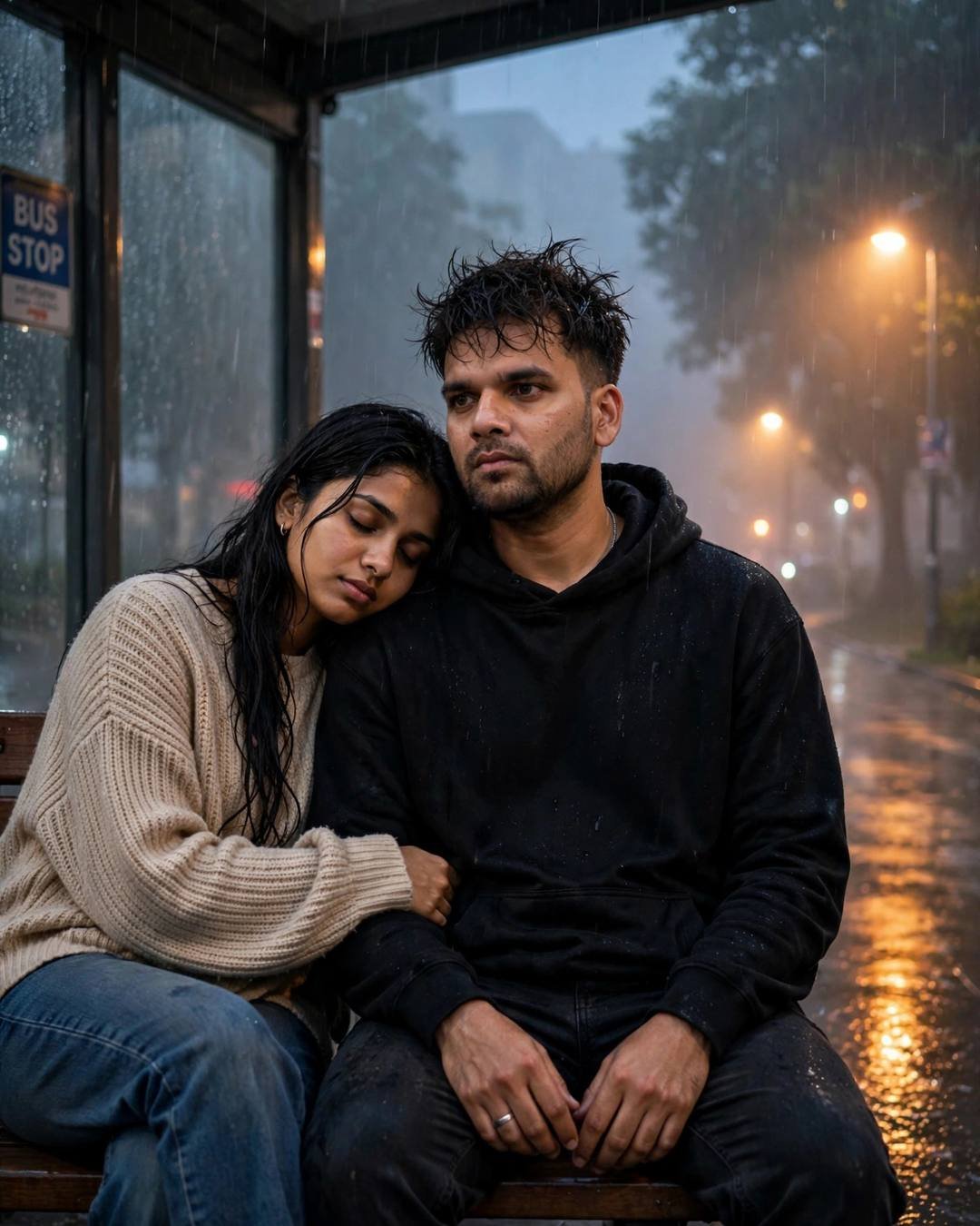 Couple on rainy foggy bus-stop bench, black hoodie and beige sweater, amber streetlamp glow, her head on his shoulder