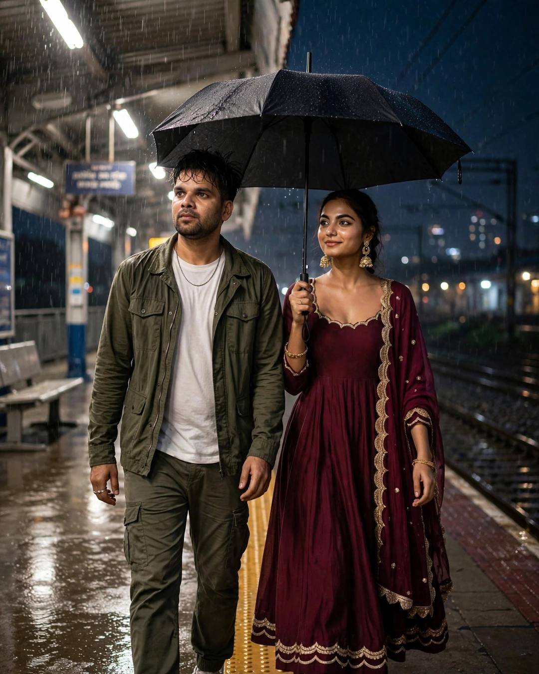 Couple walking empty midnight railway platform under one umbrella, olive field jacket and maroon anarkali with jhumkas