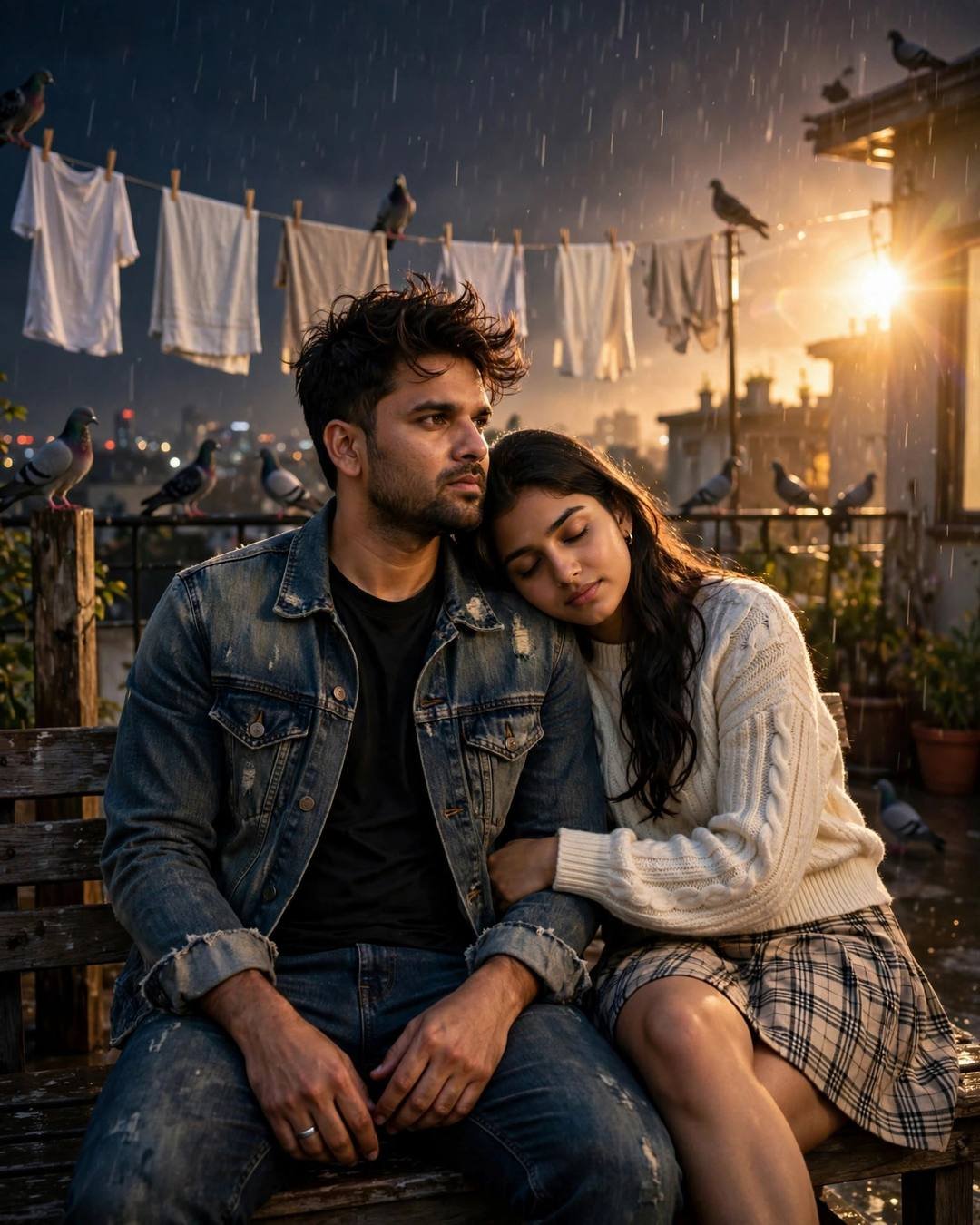 Couple on rainy terrace bench among pigeons and laundry lines, denim jacket and cream knit top, golden backlight