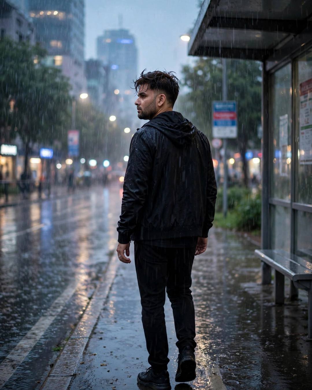Young man in black streetwear walking away down a rain-soaked path at a bus stop during blue hour