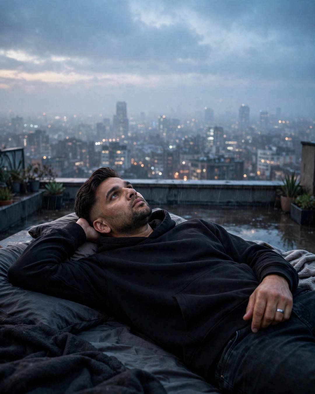 Young man in black hoodie lying on a rooftop bed staring at the sky, sleeping city lights glowing below
