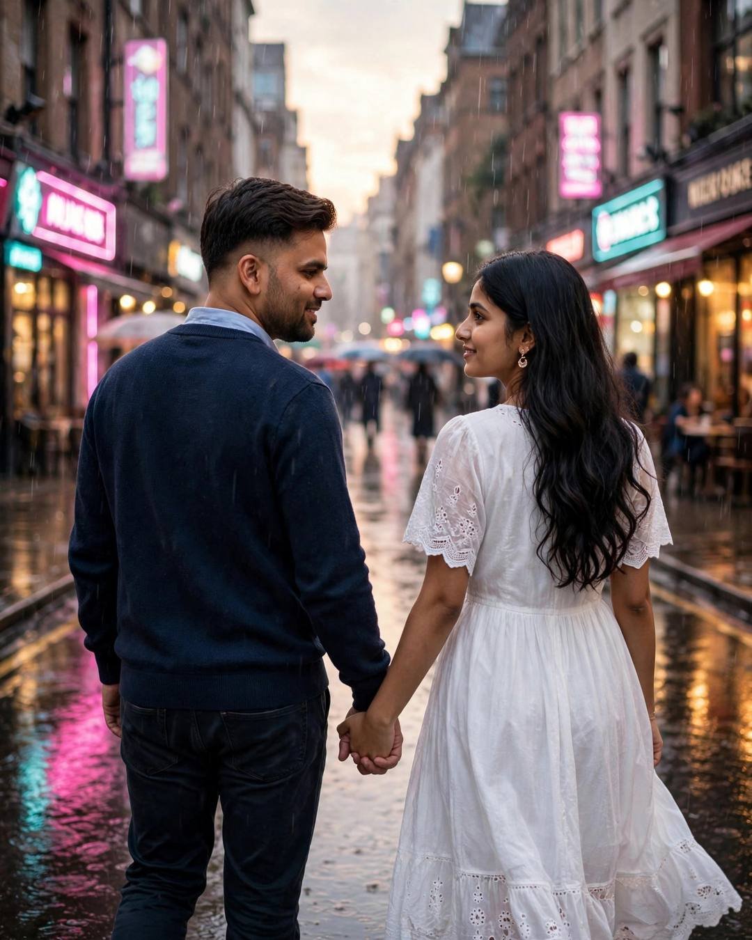 Couple holding hands walking down a rain-soaked neon-lit city street at golden hour, man in navy sweater, woman in flowing white dress