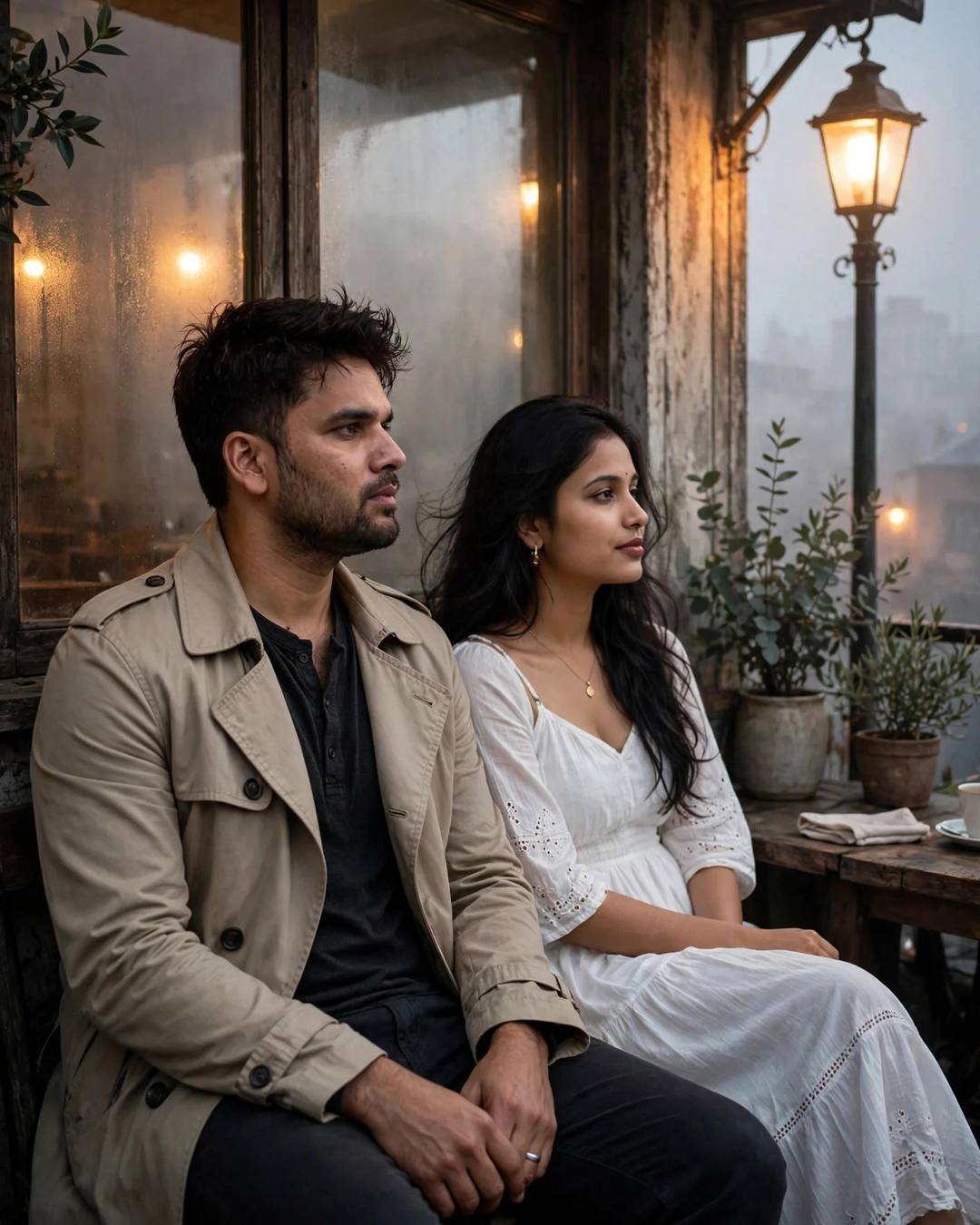 Couple sitting side by side by a fogged cafe window at dusk, man in beige trench coat, woman in white dress, vintage lamp glowing