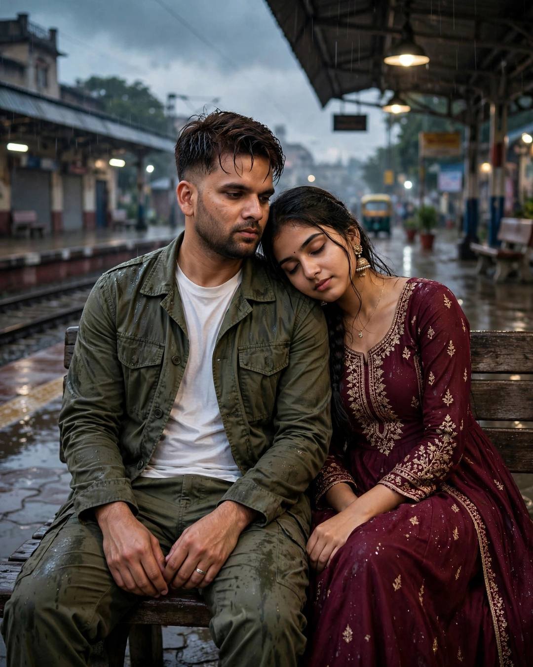 Couple sitting close on a railway platform bench at night, woman in maroon anarkali resting her head on a man in an olive jacket