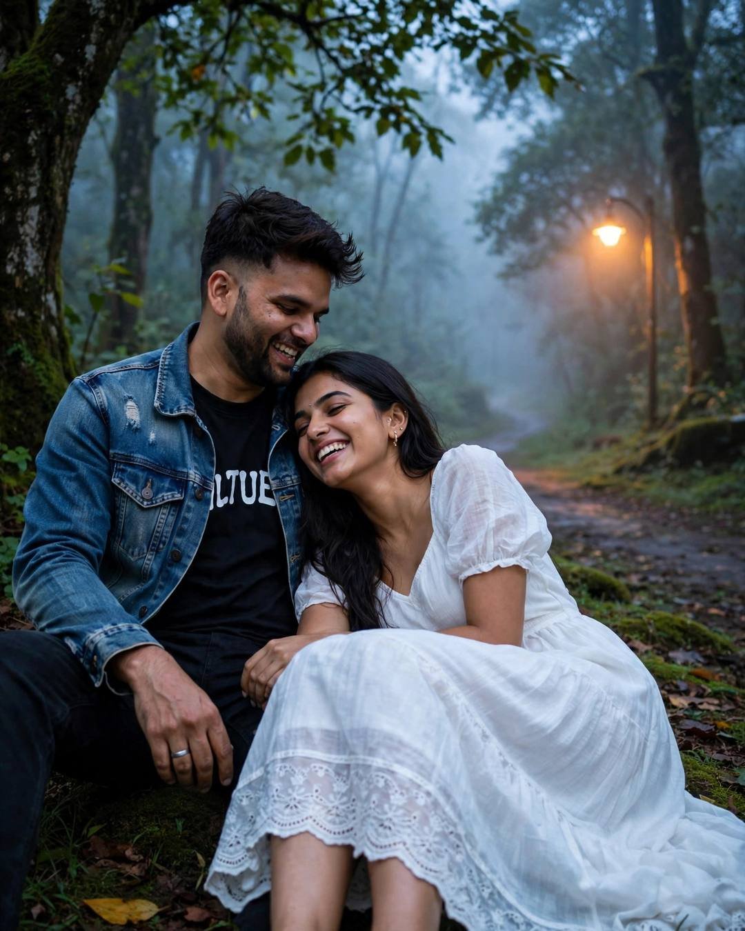 Couple laughing on a misty forest path at dusk, woman in white dress resting her head in the lap of a man in a denim jacket