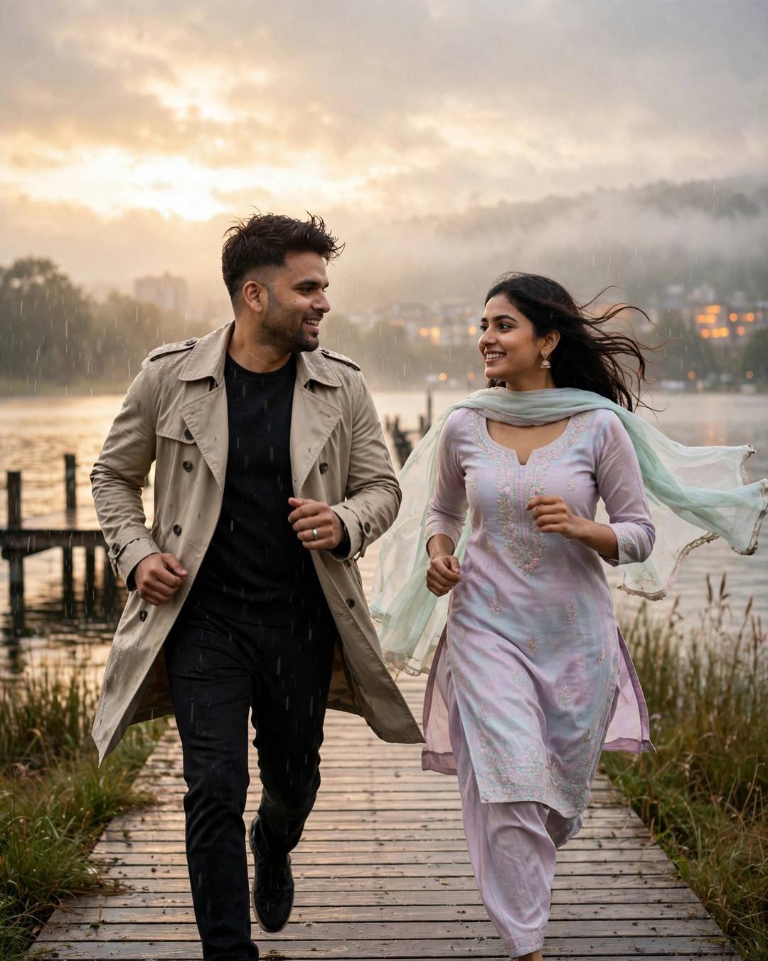 Couple running and laughing down a wooden lake pier at dawn in the drizzle, man in beige trench coat, woman in pastel salwar-kameez