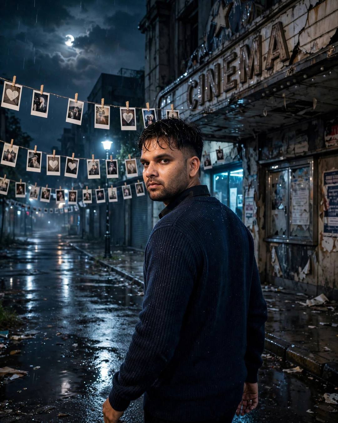 Man walking away down a moonlit empty street past an abandoned cinema, strings of polaroid photos hanging overhead