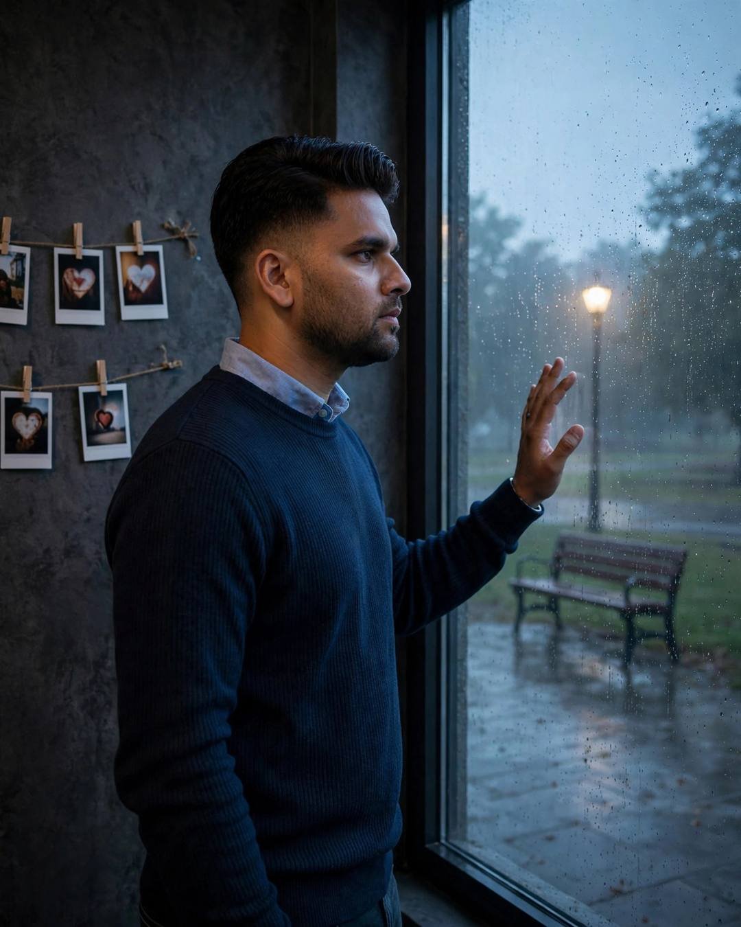 Man standing at a rain-streaked window at dawn looking at a park bench under a lone lamp, heart polaroids on the wall