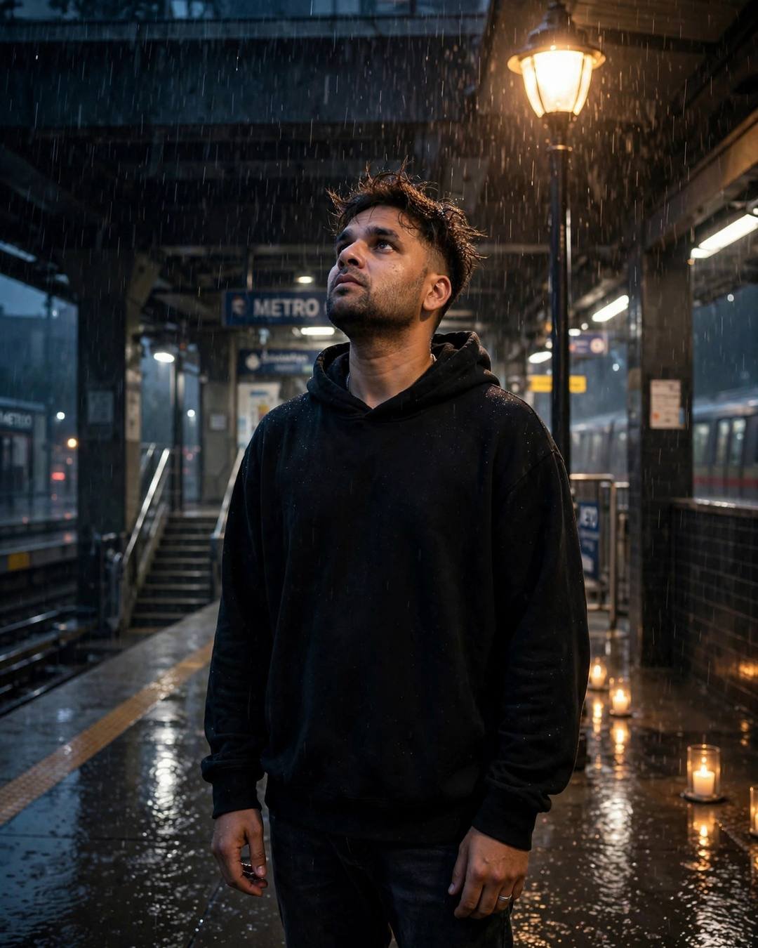Young man in black hoodie standing under a glowing streetlamp in rain at a metro station, face lifted to the sky