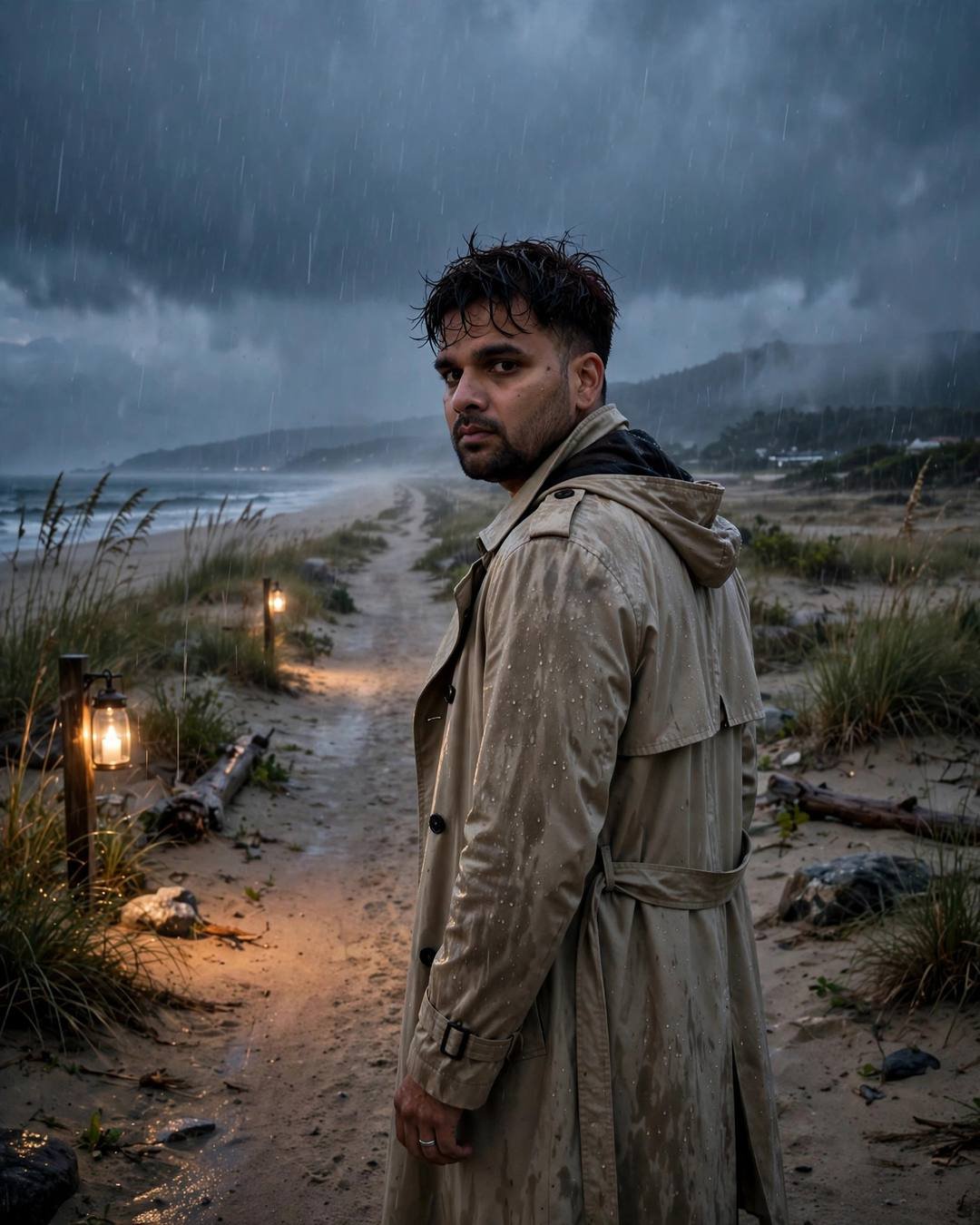 Young man in beige trench coat on a rainy deserted beach path at dusk, glancing back at the camera
