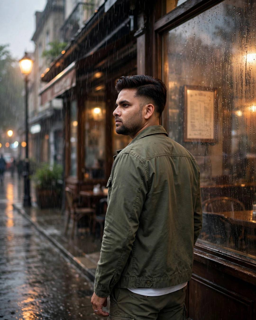 Young man in olive field jacket glancing over his shoulder at a fogged old cafe window in light rain