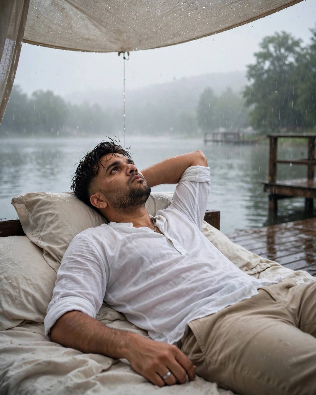 Young man in white linen shirt lying on bedding at a rainy lake pier, one arm behind his head, gazing at the sky