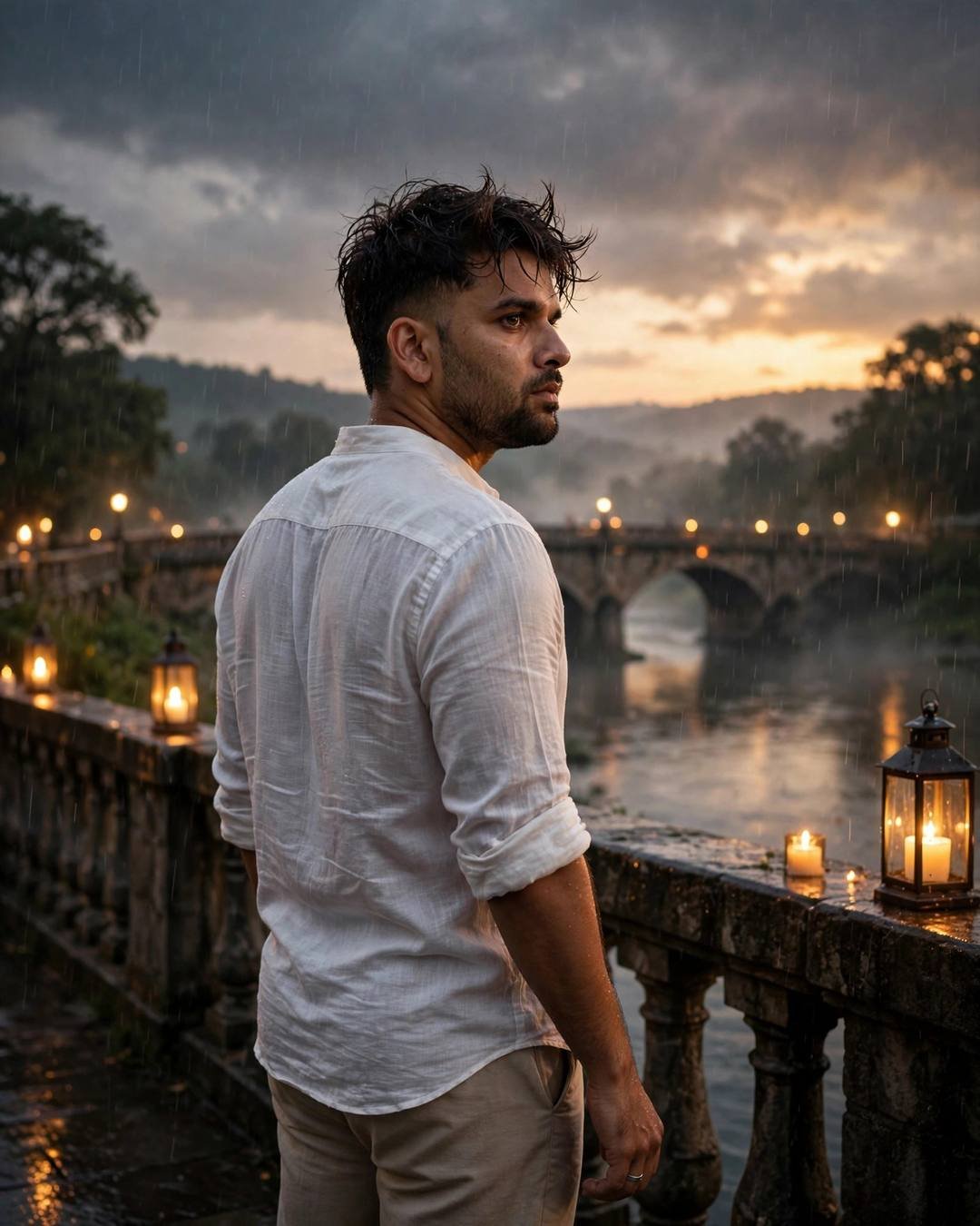 Man in a white linen shirt with his back to the camera on an old stone bridge over a river, looking over his shoulder as a thunderstorm rolls in