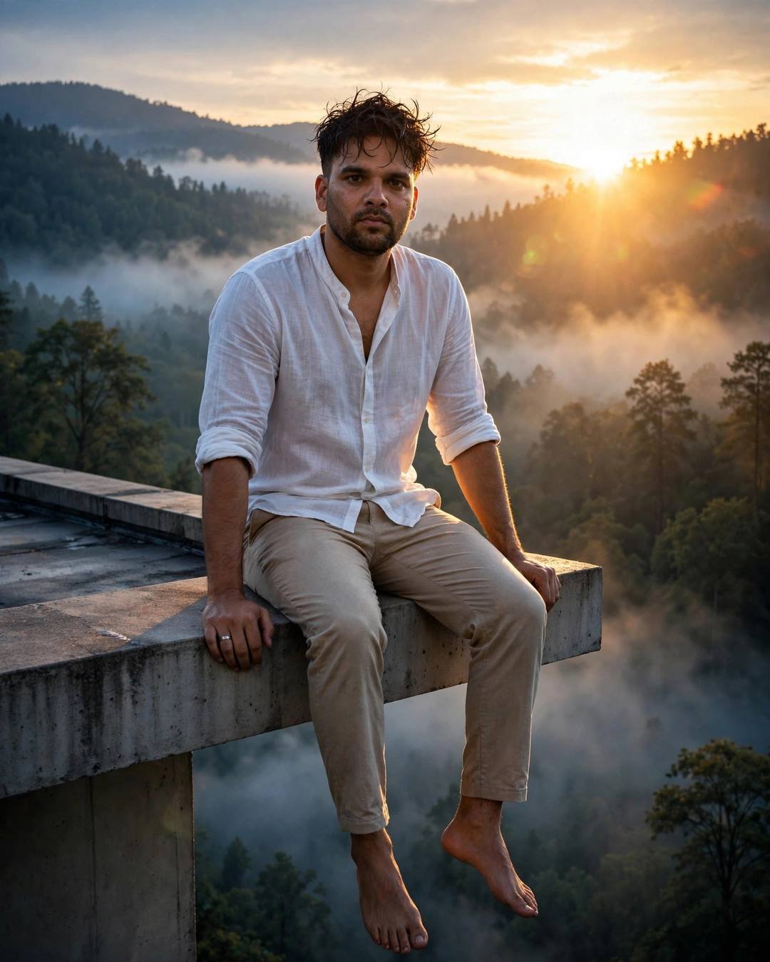 Man in a white linen shirt sitting barefoot on a rooftop ledge at sunrise over a misty forest, golden light flaring