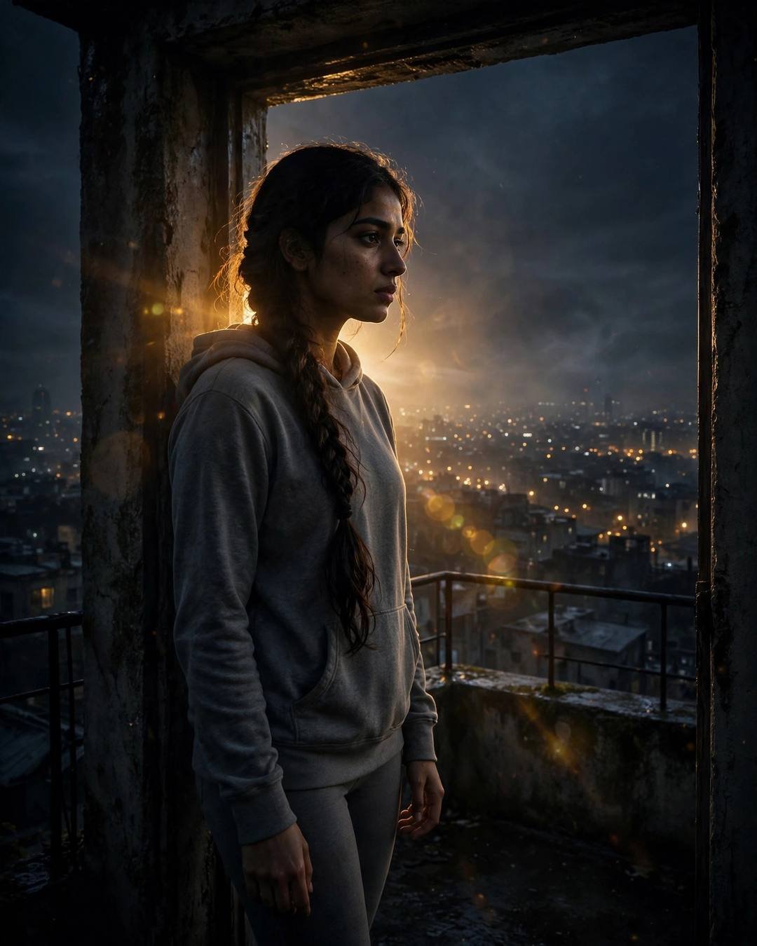 Young woman in a grey hoodie with a long braid standing in a rooftop doorway at midnight, city lights glowing below, golden backlight