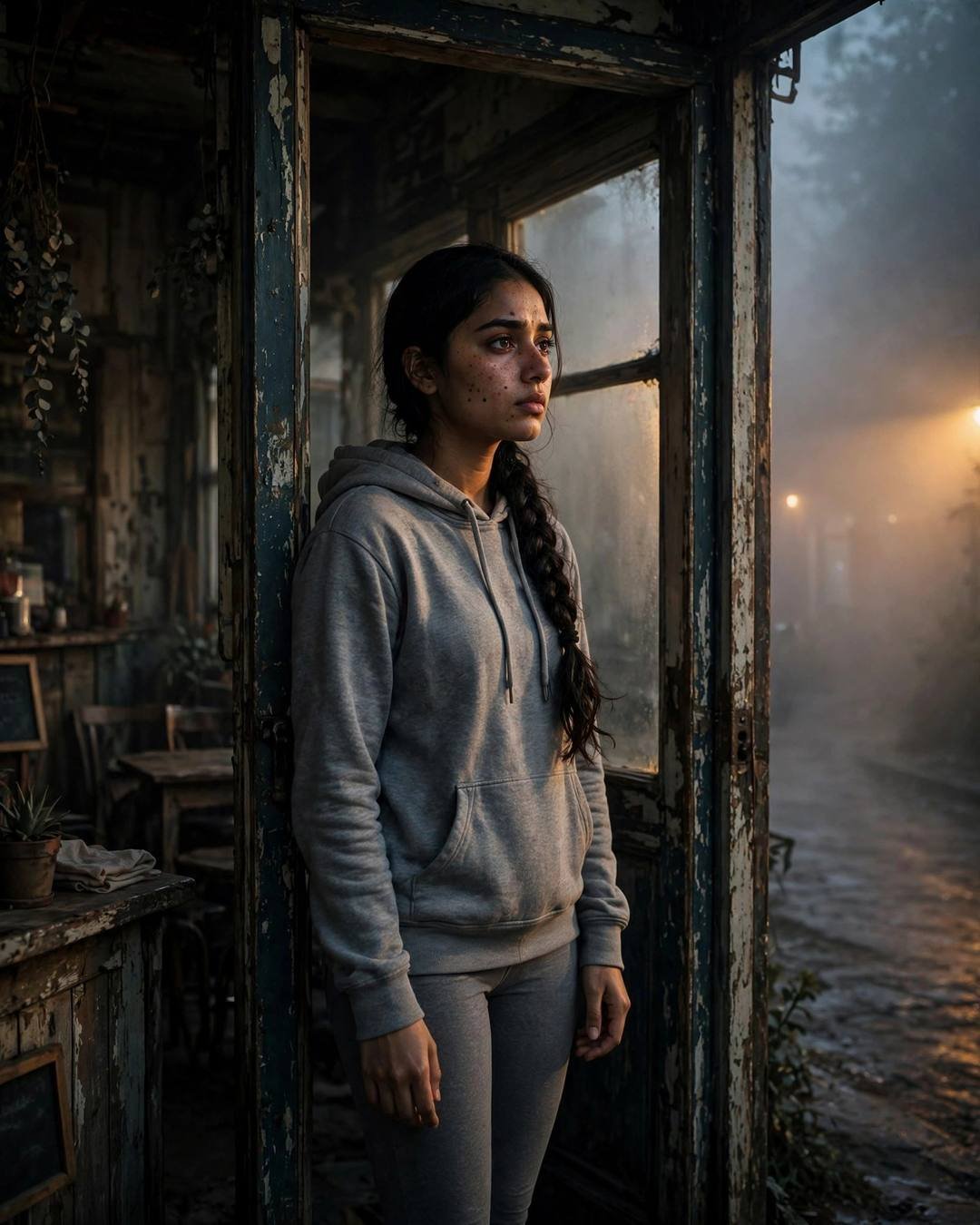 Young woman in a grey hoodie with a long braid standing in an old cafe doorway at night, tiny fairy lights glowing in the fog