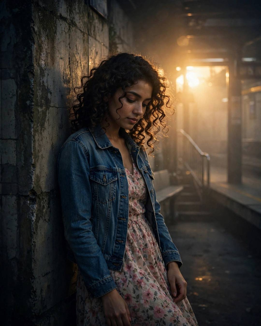 Young woman in a denim jacket over a floral dress leaning against a weathered wall at a metro station, golden backlight in the fog