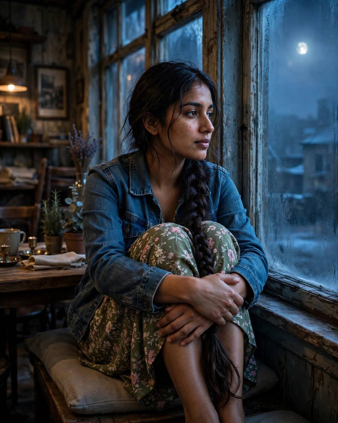 Young woman in a denim jacket over a floral dress sitting with knees drawn up at an old cafe window at night, moon glowing through the fogged glass