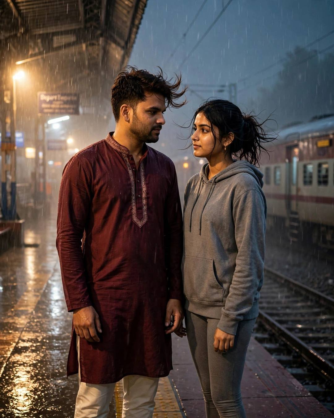 Couple sharing a tender embrace on a rain-soaked railway platform at night, man in maroon kurta and woman in grey hoodie, train waiting in the fog
