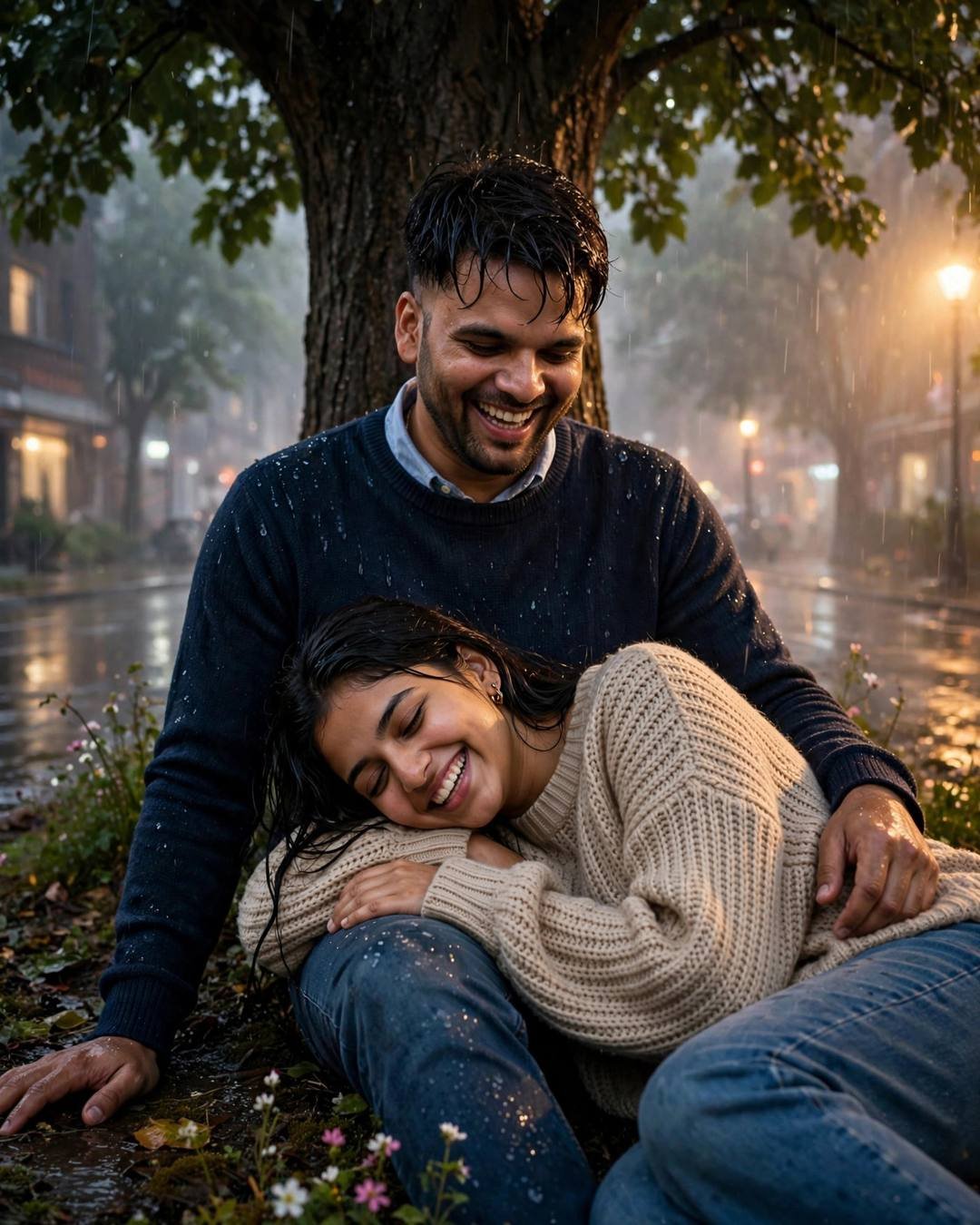 Couple laughing softly under a tree in evening rain, man in navy sweater, woman with her head in his lap in a beige sweater