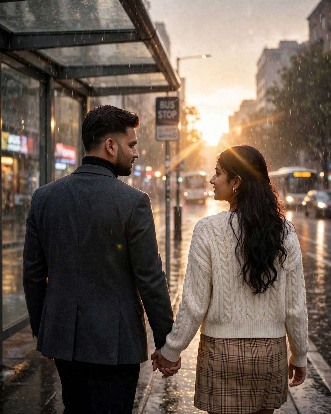 Couple walking hand in hand away from a bus stop into golden sunlight through heavy rain