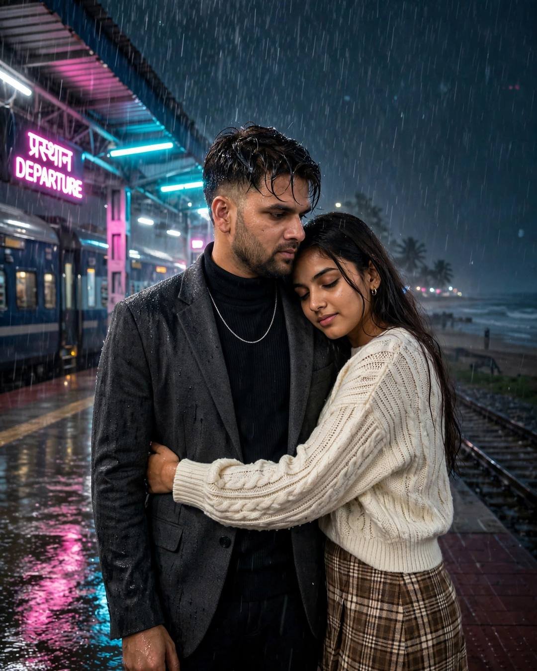 Couple embracing on a rain-soaked railway platform at midnight under a neon departure board