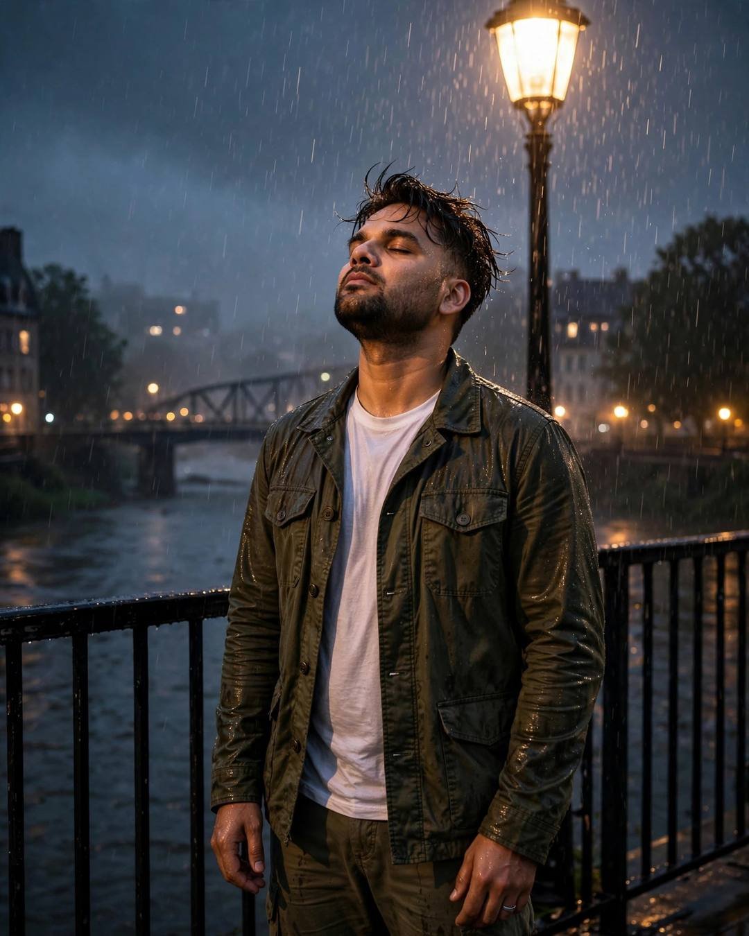 Young Indian man in olive field jacket standing on a bridge in rain at night, face lifted to the sky, streetlamp glowing