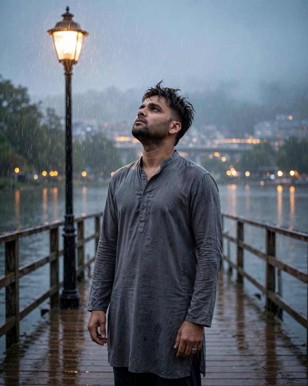 Young Indian man in grey kurta standing on a lake pier in drizzle, face lifted to the sky, streetlamp glowing, city lights behind
