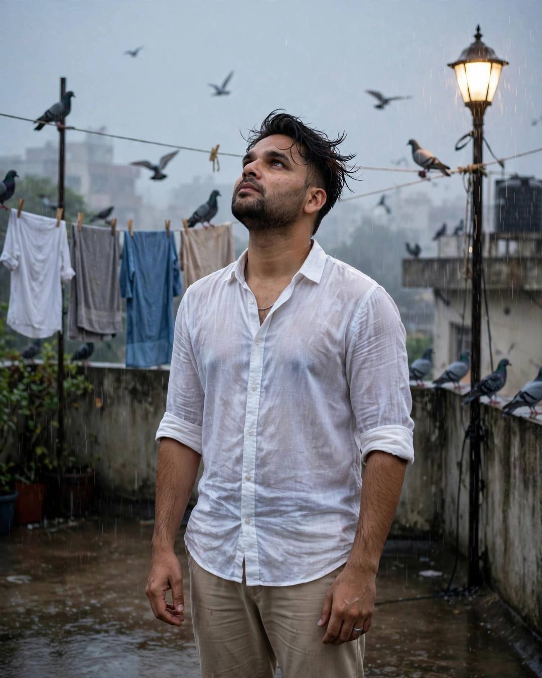 Young Indian man in white linen shirt standing on a monsoon terrace with clothes lines and pigeons, face lifted to the rain, streetlamp glowing