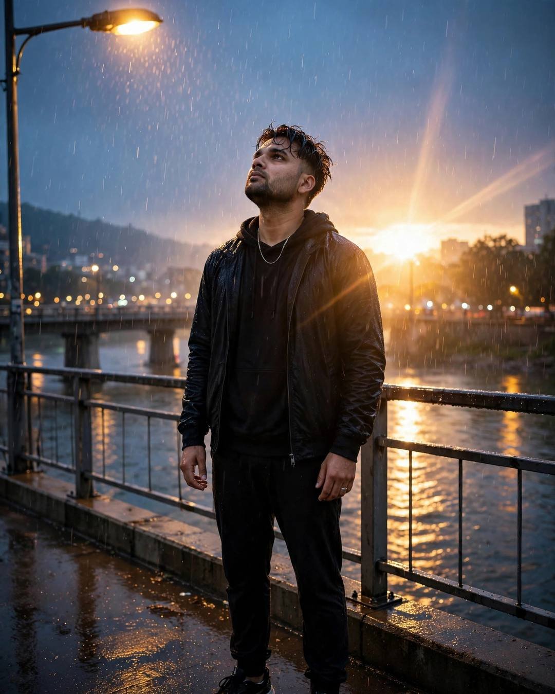 Young Indian man in black streetwear standing on a bridge in drizzle at blue hour, face lifted to the sky, golden backlight flare, streetlamp glowing