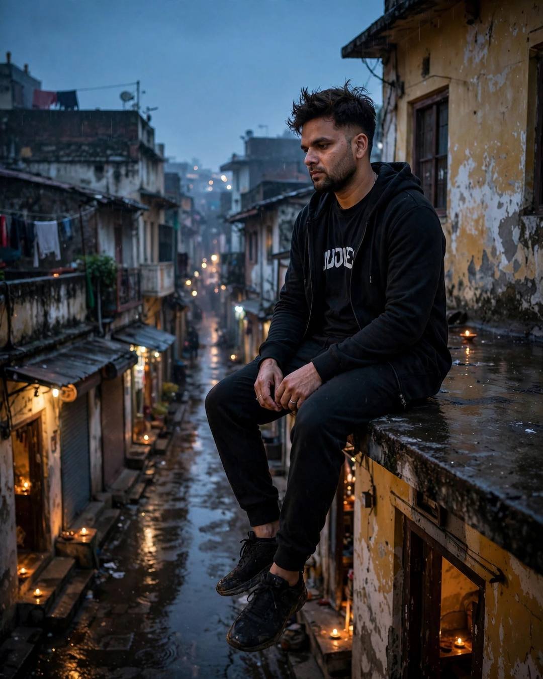 Man in all-black streetwear sitting on a rooftop ledge with legs dangling over a narrow old-city lane at blue hour