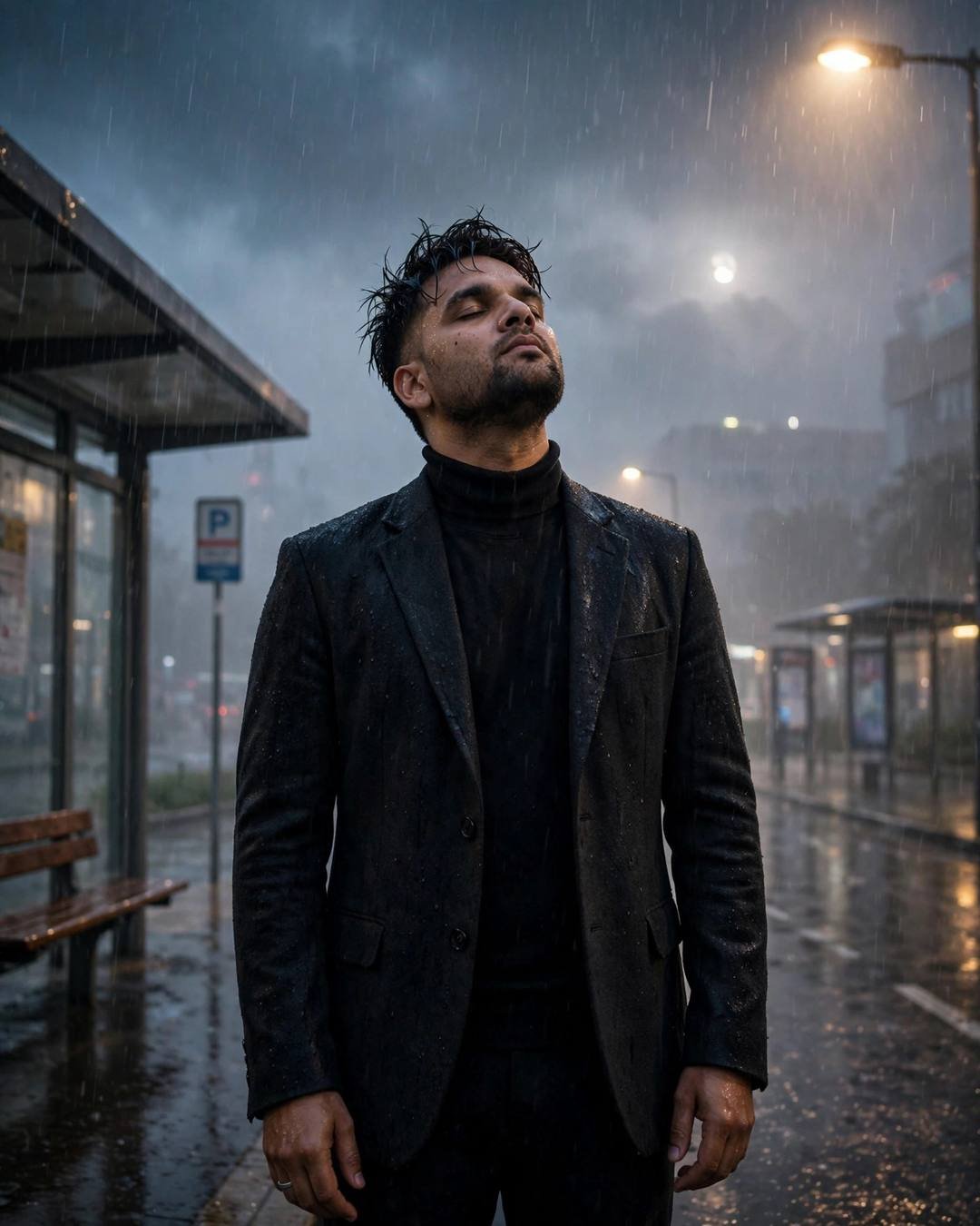 Man in charcoal blazer standing under a streetlamp in the rain, face lifted to the sky at a foggy bus stop