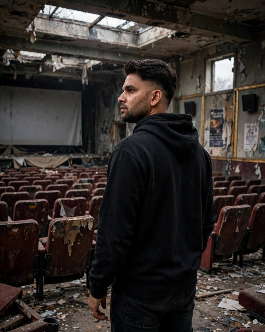 Man in black hoodie standing in an abandoned cinema hall with broken roof, looking over his shoulder