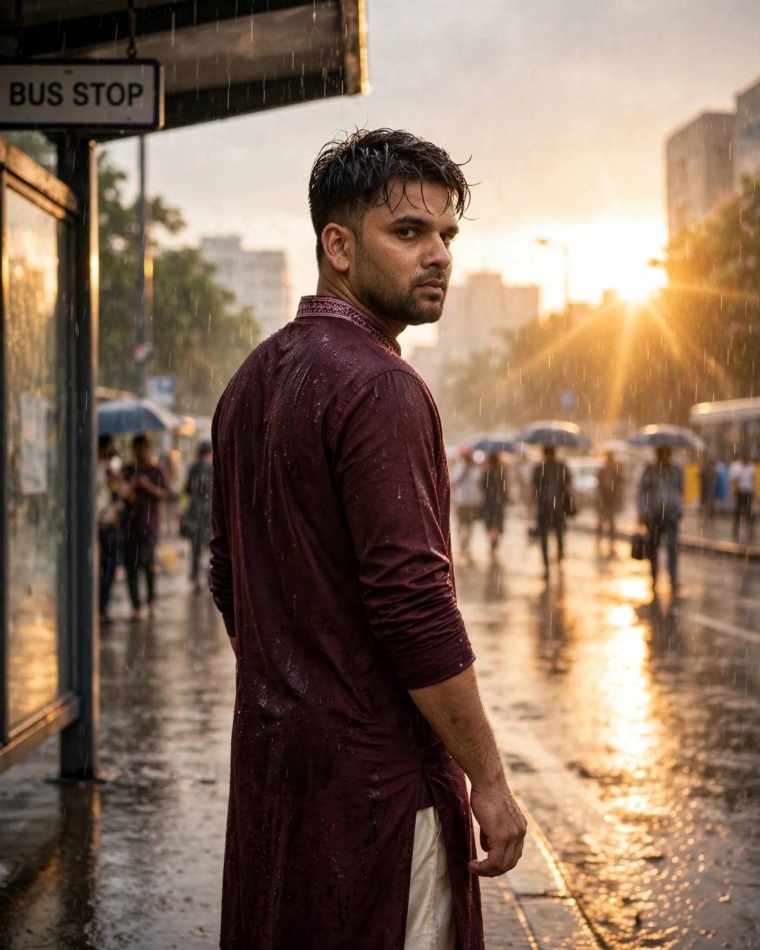 Man in maroon kurta looking over his shoulder at a rainy bus stop, golden sunlight flaring through the rain