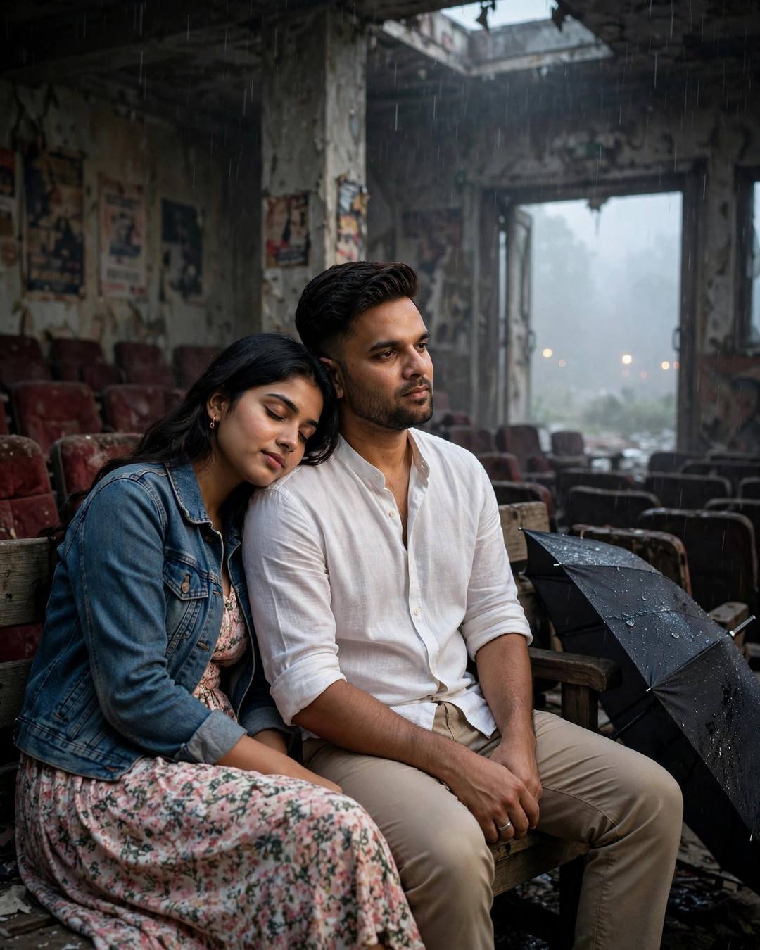 Couple sitting close in an abandoned cinema hall, woman resting her head on the man's shoulder, umbrella beside them