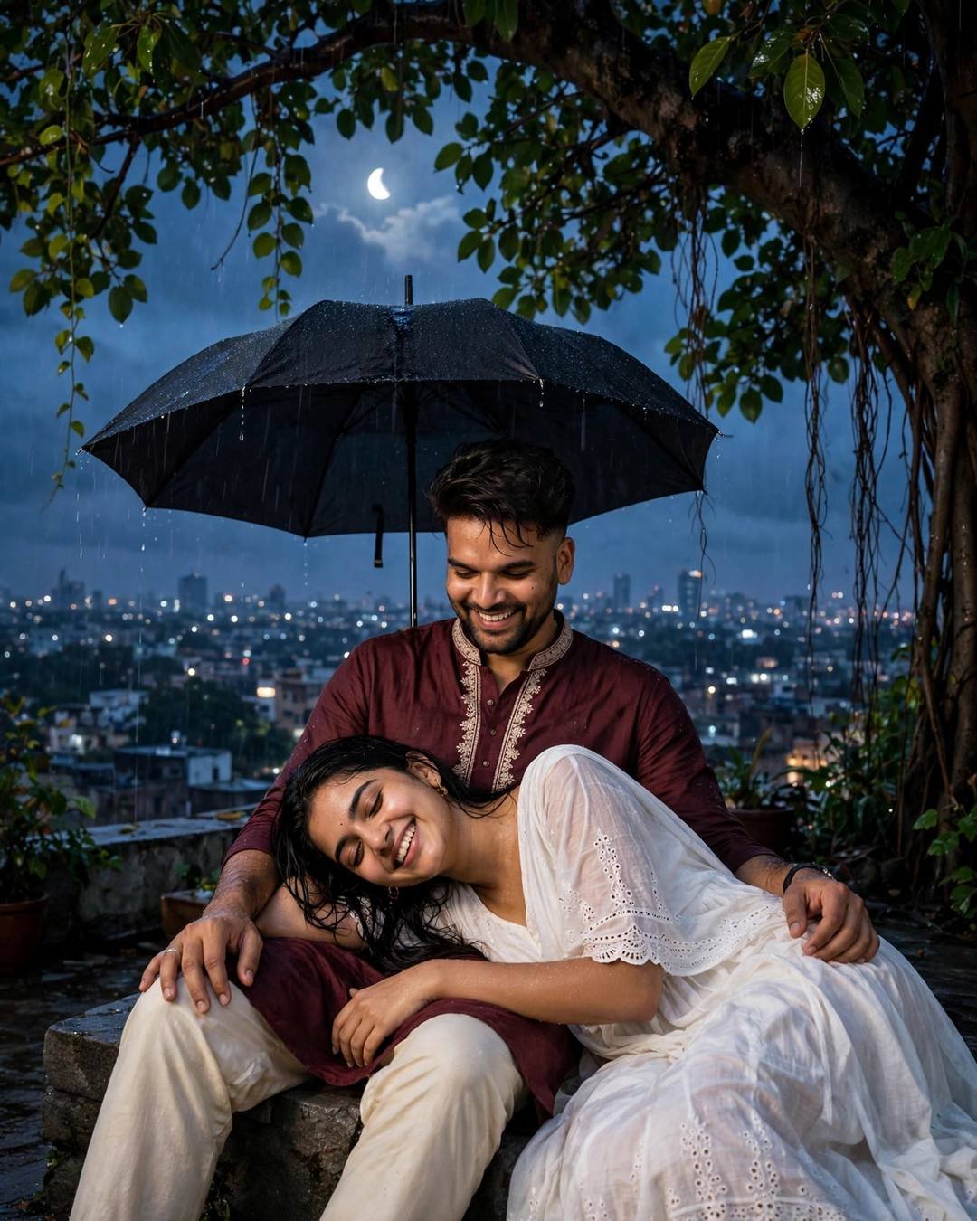 Couple laughing under one black umbrella on a rooftop at blue hour, crescent moon above, city lights below