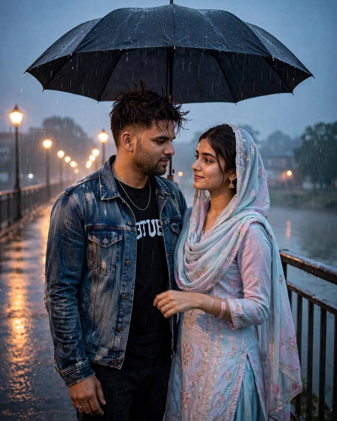 Couple standing close under one black umbrella on a rain-soaked bridge at dawn, looking at each other